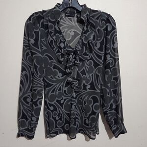 Black & Gray Whimsigoth Sheer Long Sleeve Ruffle Blouse New York & Co Size 2